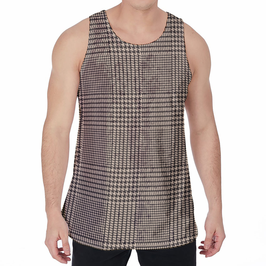 Brown And Beige Glen Plaid Print Men's Velvet Tank Top