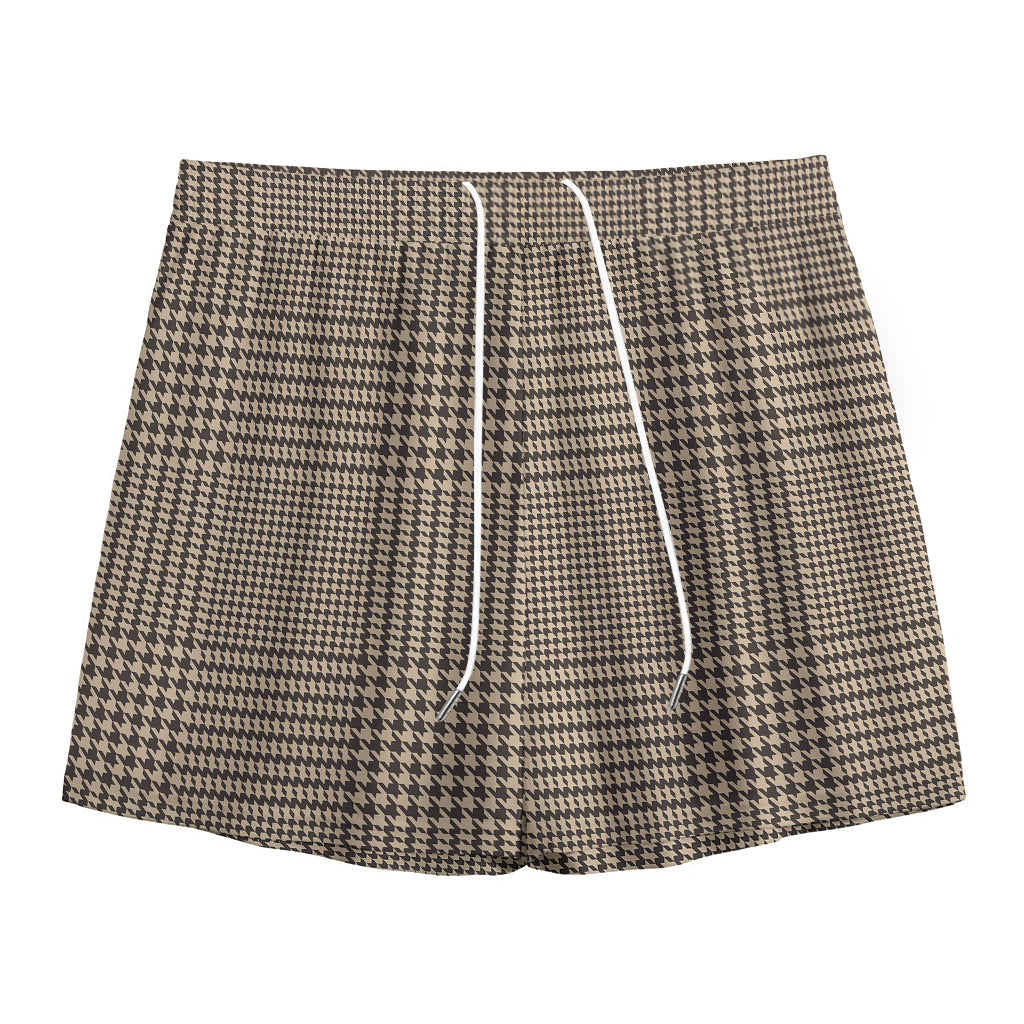 Brown And Beige Glen Plaid Print Mesh Shorts