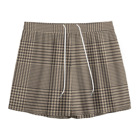 Brown And Beige Glen Plaid Print Mesh Shorts