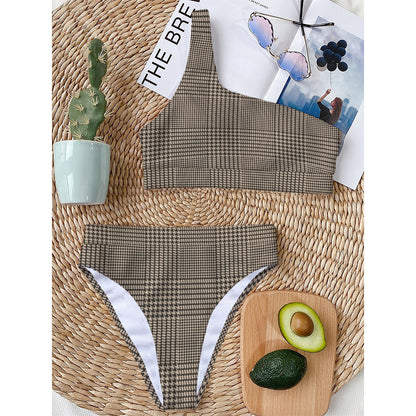 Brown And Beige Glen Plaid Print One Shoulder Bikini Top