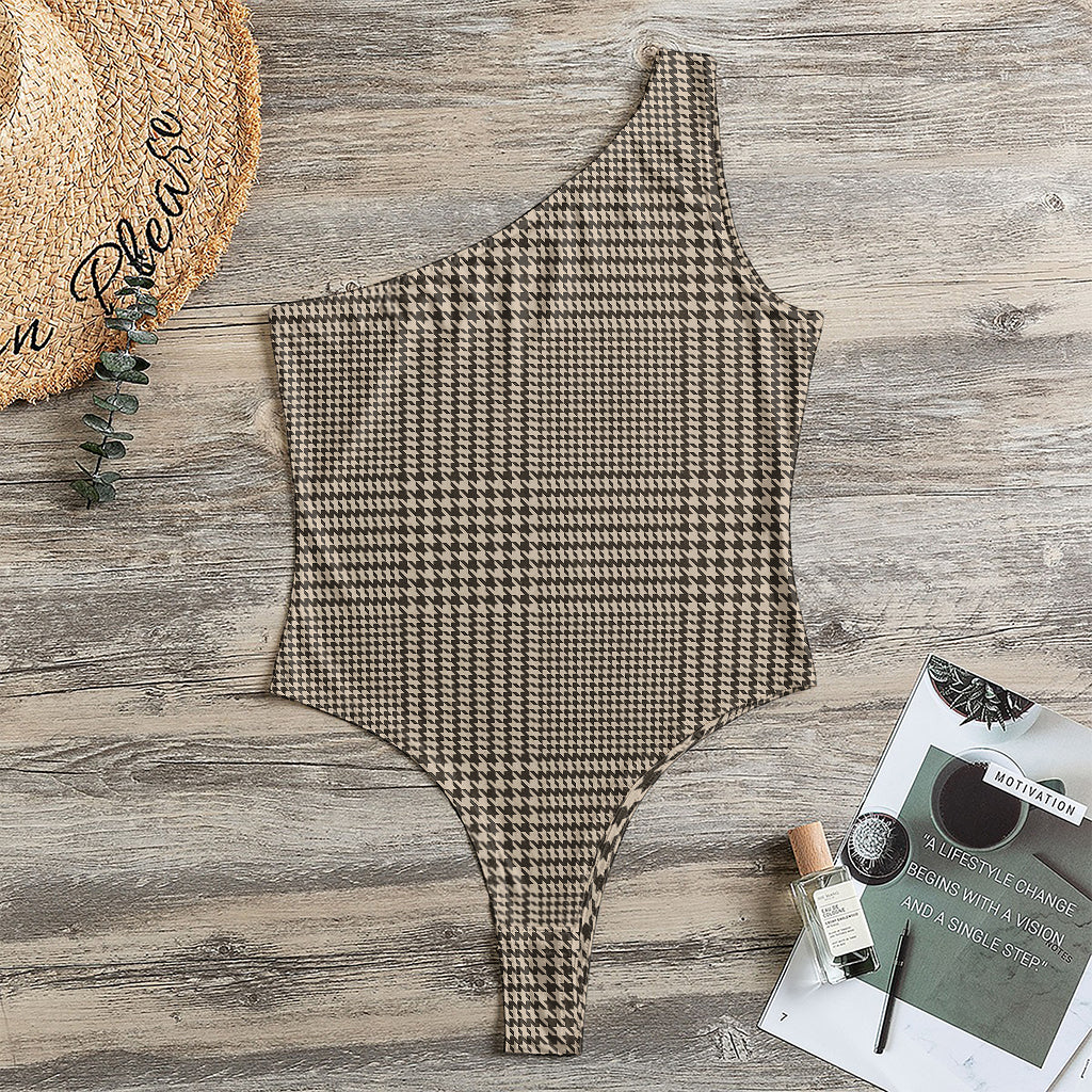 Brown And Beige Glen Plaid Print One Shoulder Bodysuit