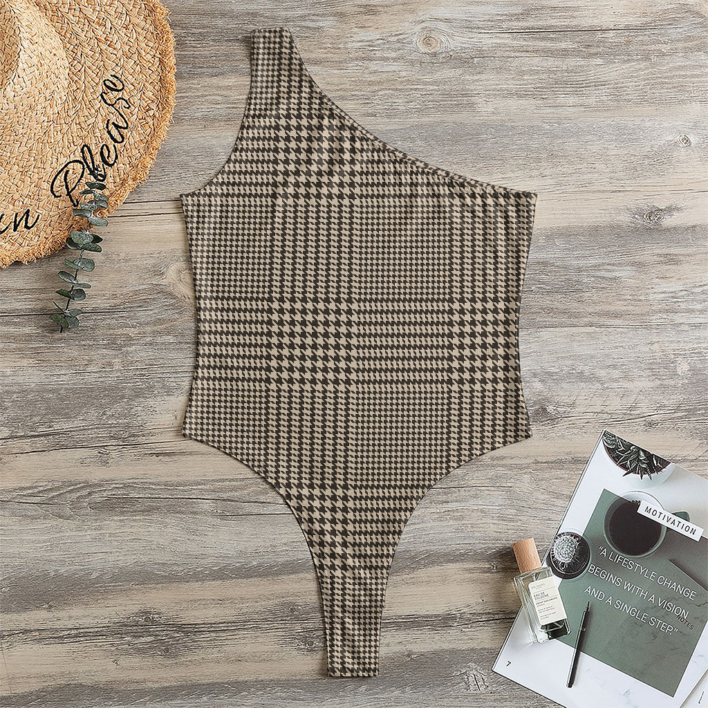 Brown And Beige Glen Plaid Print One Shoulder Bodysuit