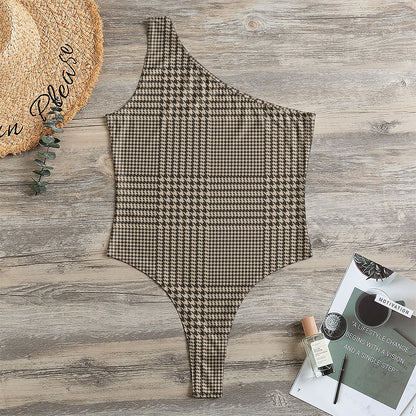 Brown And Beige Glen Plaid Print One Shoulder Bodysuit