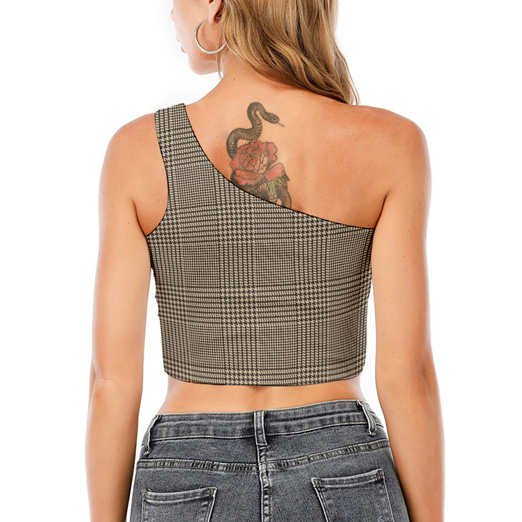 Brown And Beige Glen Plaid Print One Shoulder Crop Top