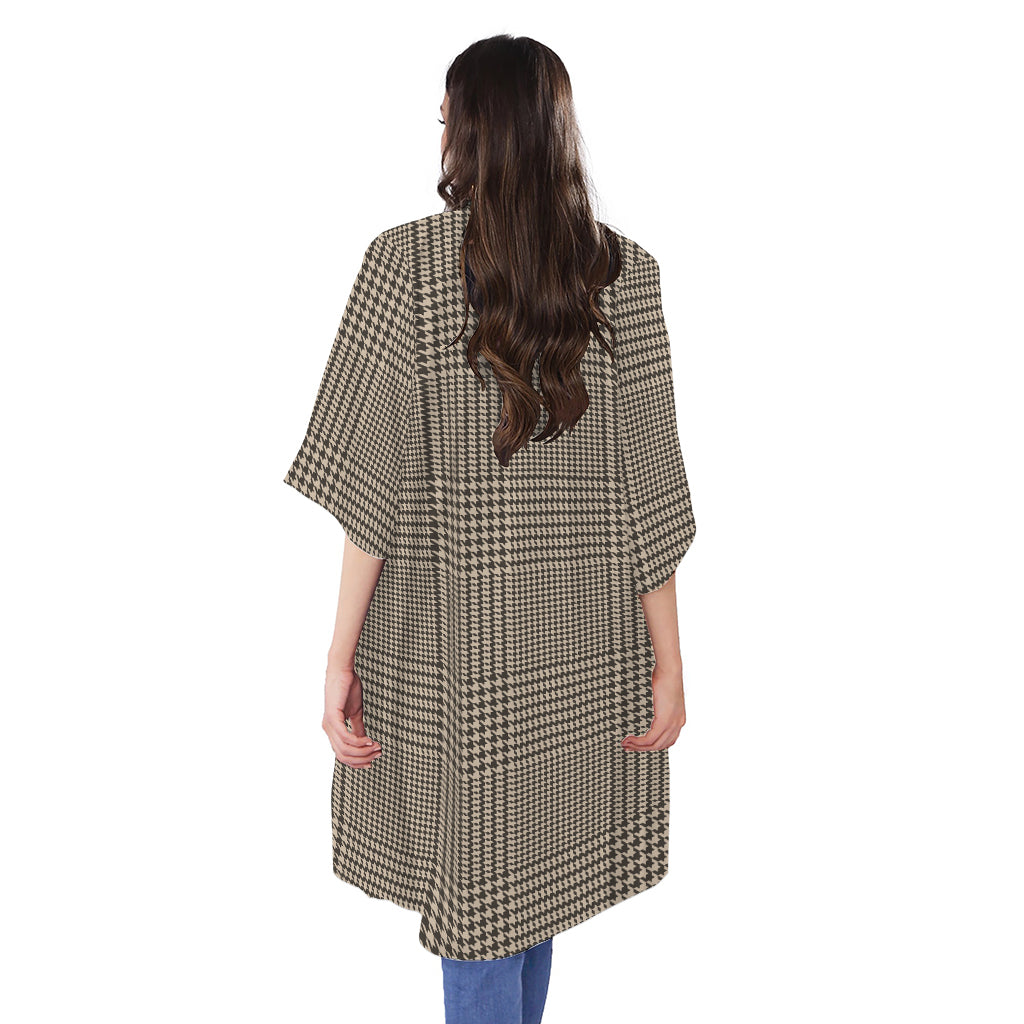 Brown And Beige Glen Plaid Print Open Front Beach Cover Up
