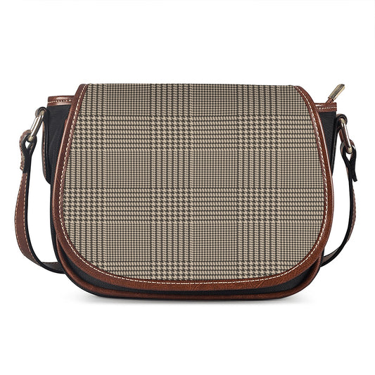 Brown And Beige Glen Plaid Print Saddle Bag