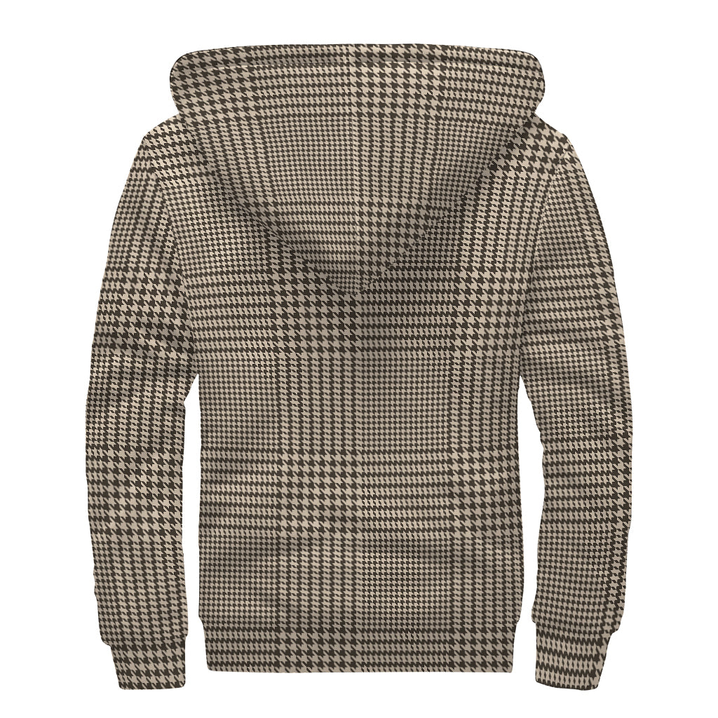 Brown And Beige Glen Plaid Print Sherpa Lined Zip Up Hoodie