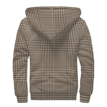 Brown And Beige Glen Plaid Print Sherpa Lined Zip Up Hoodie