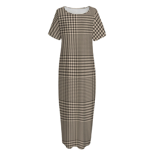 Brown And Beige Glen Plaid Print Short Sleeve Long Nightdress