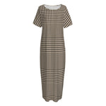 Brown And Beige Glen Plaid Print Short Sleeve Long Nightdress
