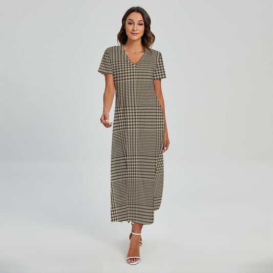 Brown And Beige Glen Plaid Print Short Sleeve Maxi Dress