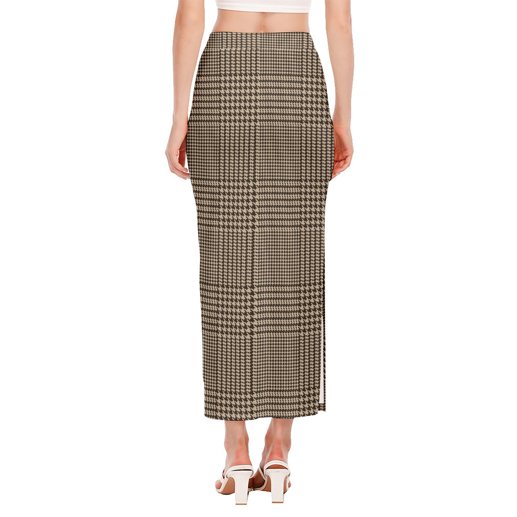 Brown And Beige Glen Plaid Print Side Slit Maxi Skirt
