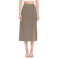 Brown And Beige Glen Plaid Print Side Slit Midi Skirt
