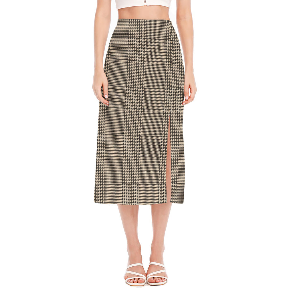 Brown And Beige Glen Plaid Print Side Slit Midi Skirt