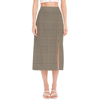 Brown And Beige Glen Plaid Print Side Slit Midi Skirt