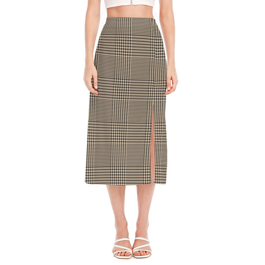 Brown And Beige Glen Plaid Print Side Slit Midi Skirt
