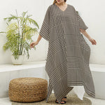 Brown And Beige Glen Plaid Print Silk V-Neck Kaftan Dress