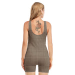 Brown And Beige Glen Plaid Print Sleeveless One Piece Swimsuit