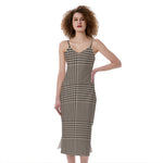Brown And Beige Glen Plaid Print Slim Fit Midi Cami Dress