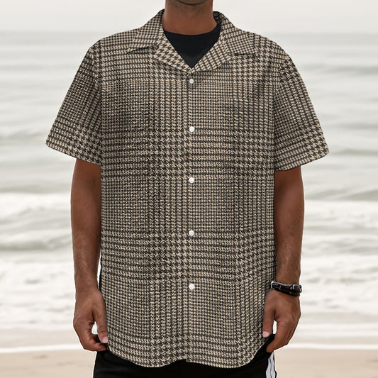 Brown And Beige Glen Plaid Print Textured Short Sleeve Shirt