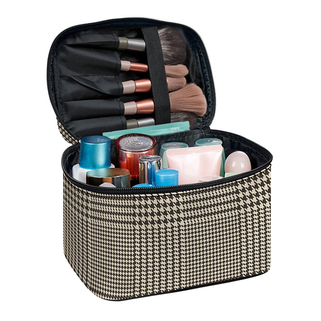 Brown And Beige Glen Plaid Print Travel Makeup Bag