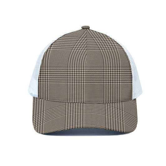 Brown And Beige Glen Plaid Print White Mesh Trucker Cap
