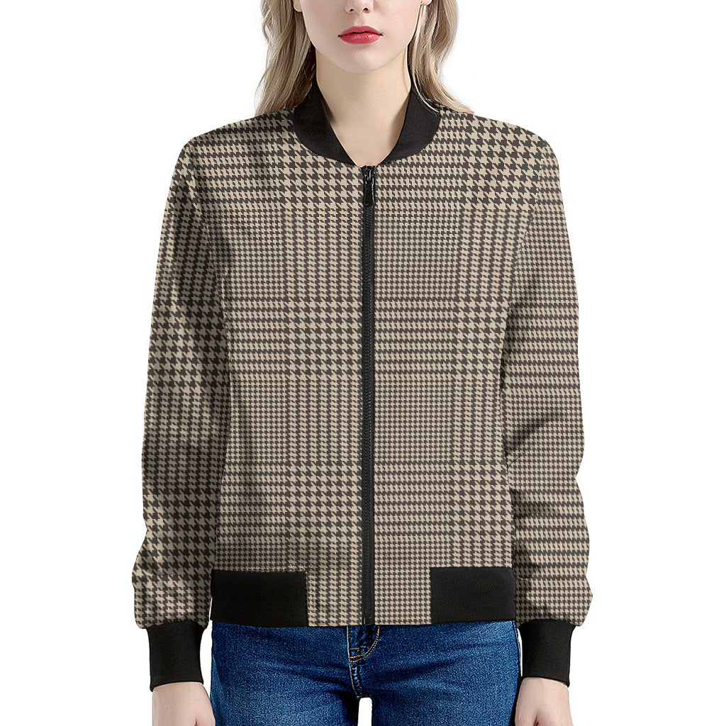 Brown And Beige Glen Plaid Print Women's Bomber Jacket