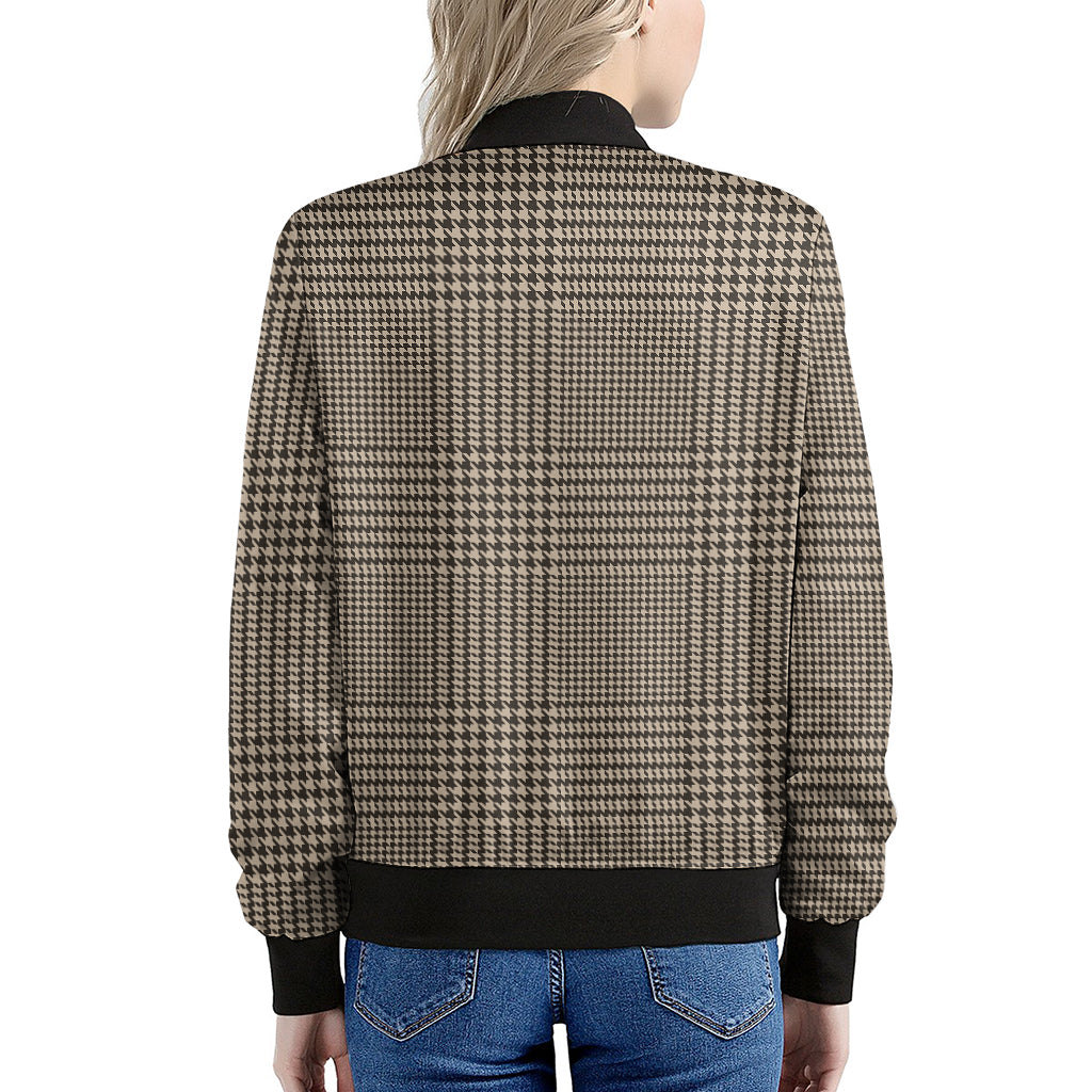 Brown And Beige Glen Plaid Print Women's Bomber Jacket