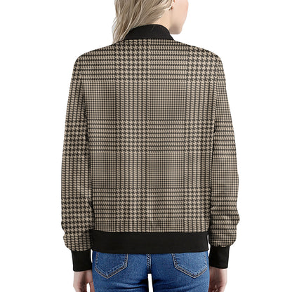 Brown And Beige Glen Plaid Print Women's Bomber Jacket