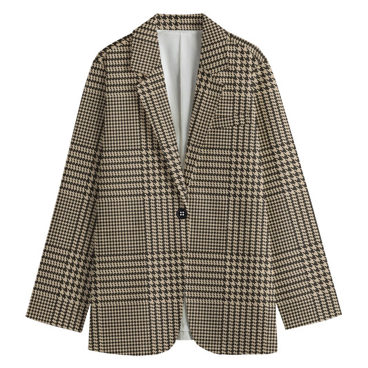 Brown And Beige Glen Plaid Print Women's Cotton Blazer