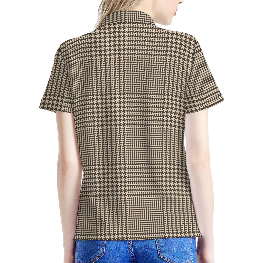 Brown And Beige Glen Plaid Print Women's Polo Shirt