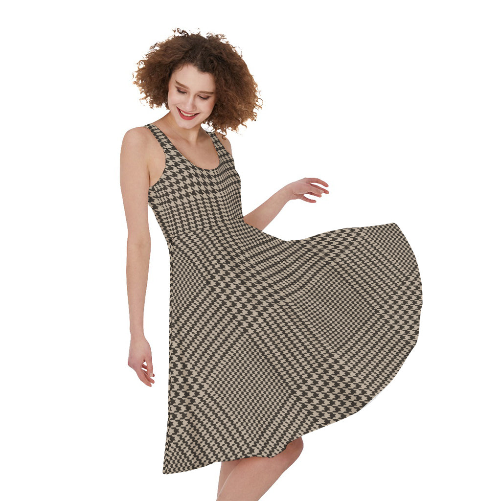 Brown And Beige Glen Plaid Print Women's Sleeveless Dress