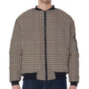 Brown And Beige Glen Plaid Print Zip Sleeve Bomber Jacket