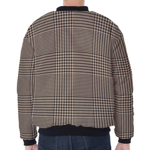 Brown And Beige Glen Plaid Print Zip Sleeve Bomber Jacket