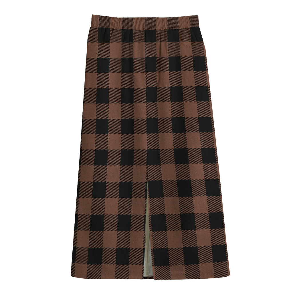 Brown And Black Buffalo Check Print Cotton Front Slit Maxi Skirt