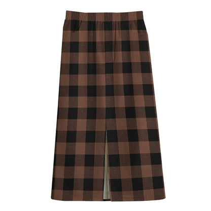 Brown And Black Buffalo Check Print Cotton Front Slit Maxi Skirt