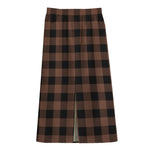 Brown And Black Buffalo Check Print Cotton Front Slit Maxi Skirt