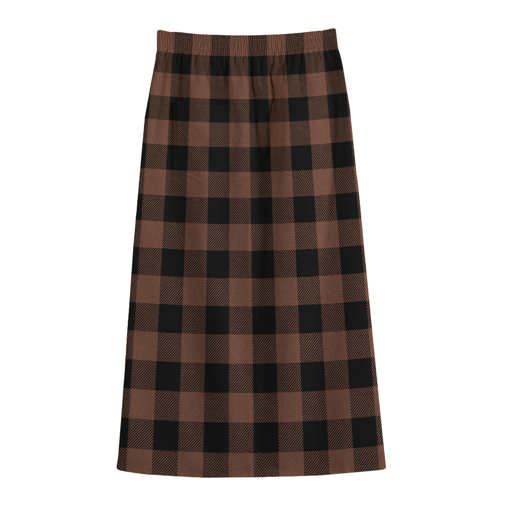 Brown And Black Buffalo Check Print Cotton Front Slit Maxi Skirt