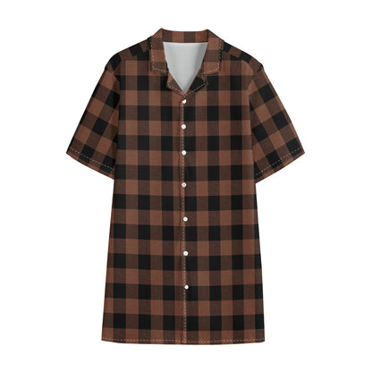 Brown And Black Buffalo Check Print Cotton Hawaiian Shirt