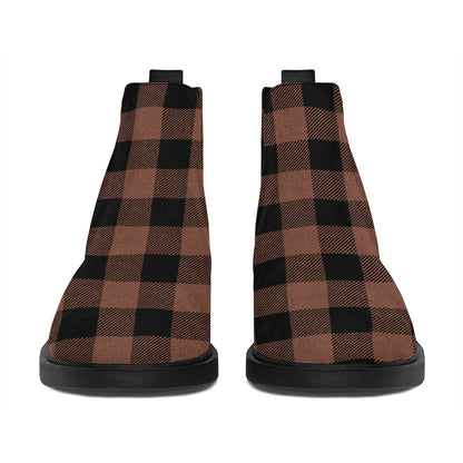 Brown And Black Buffalo Check Print Flat Ankle Boots