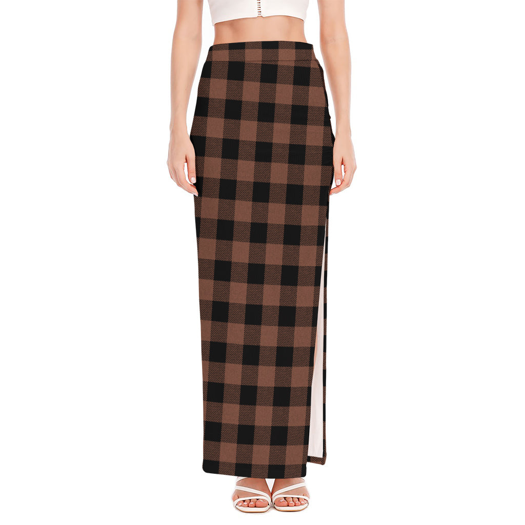 Brown And Black Buffalo Check Print High Slit Maxi Skirt