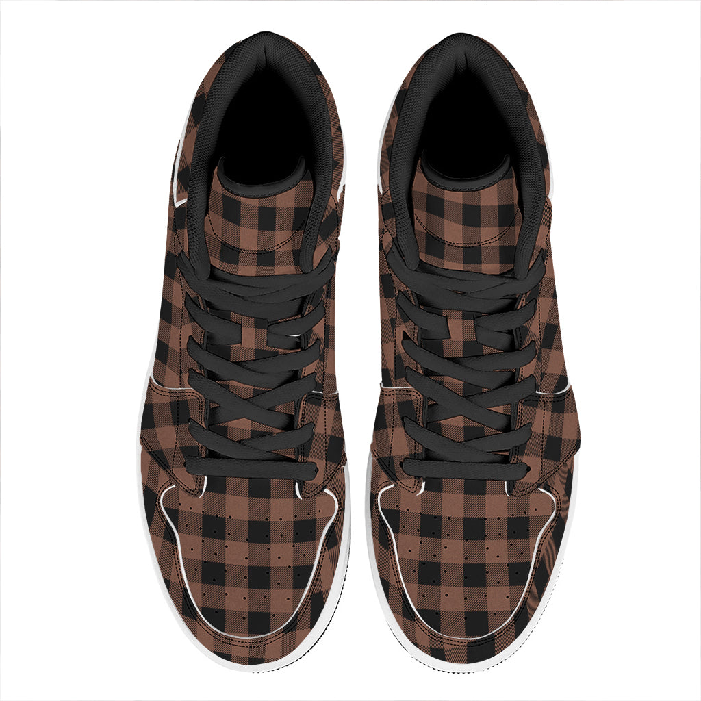 Brown And Black Buffalo Check Print High Top Leather Sneakers
