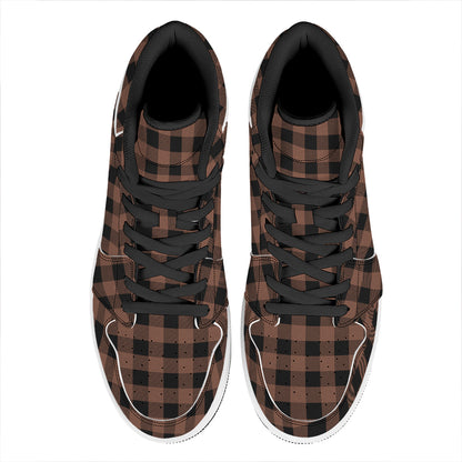 Brown And Black Buffalo Check Print High Top Leather Sneakers