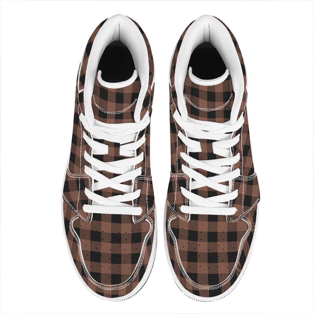 Brown And Black Buffalo Check Print High Top Leather Sneakers