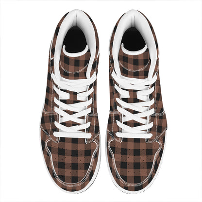Brown And Black Buffalo Check Print High Top Leather Sneakers