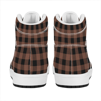 Brown And Black Buffalo Check Print High Top Leather Sneakers