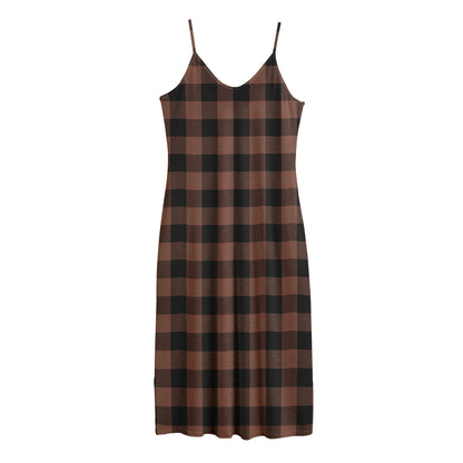 Brown And Black Buffalo Check Print Jersey Midi Cami Dress