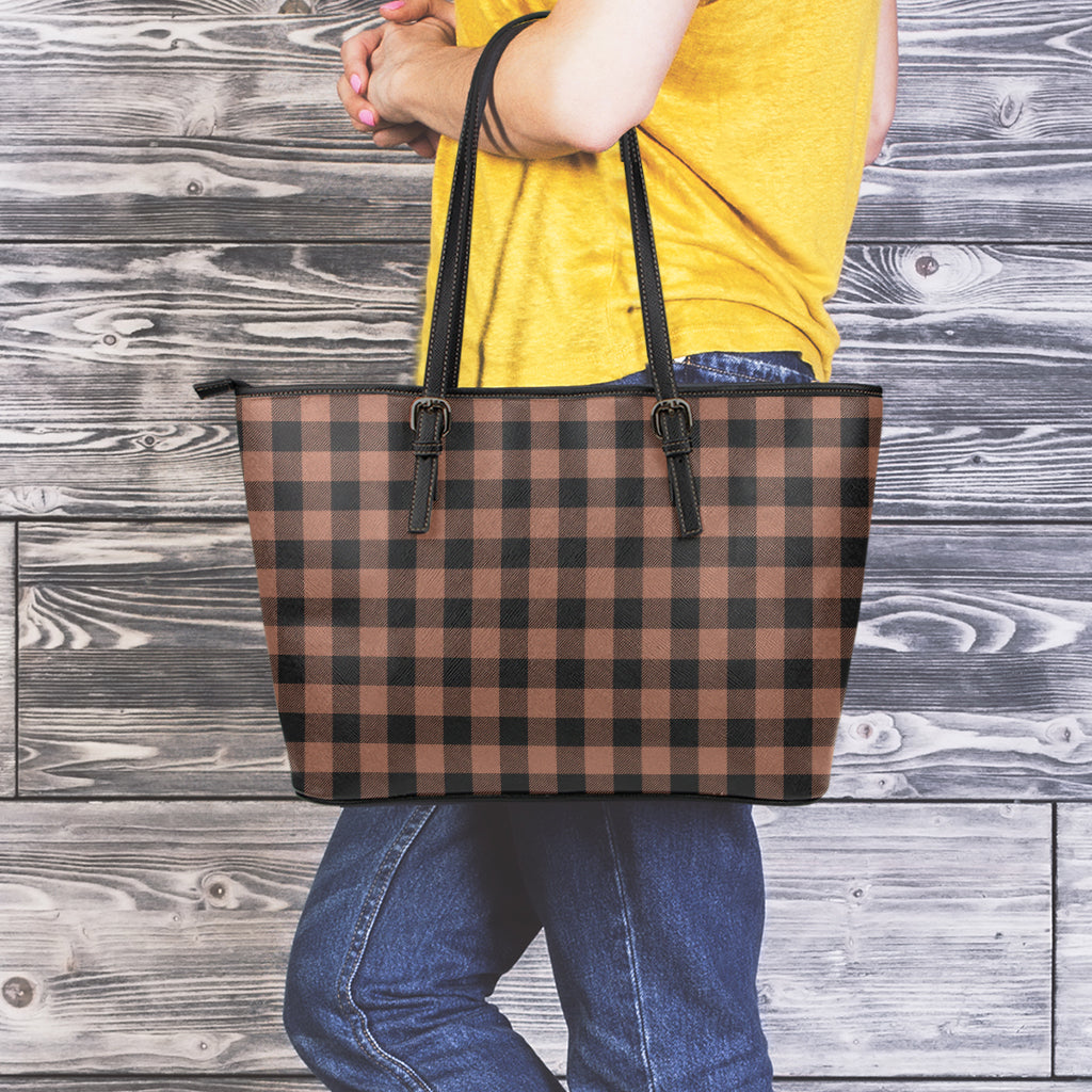 Brown And Black Buffalo Check Print Leather Tote Bag