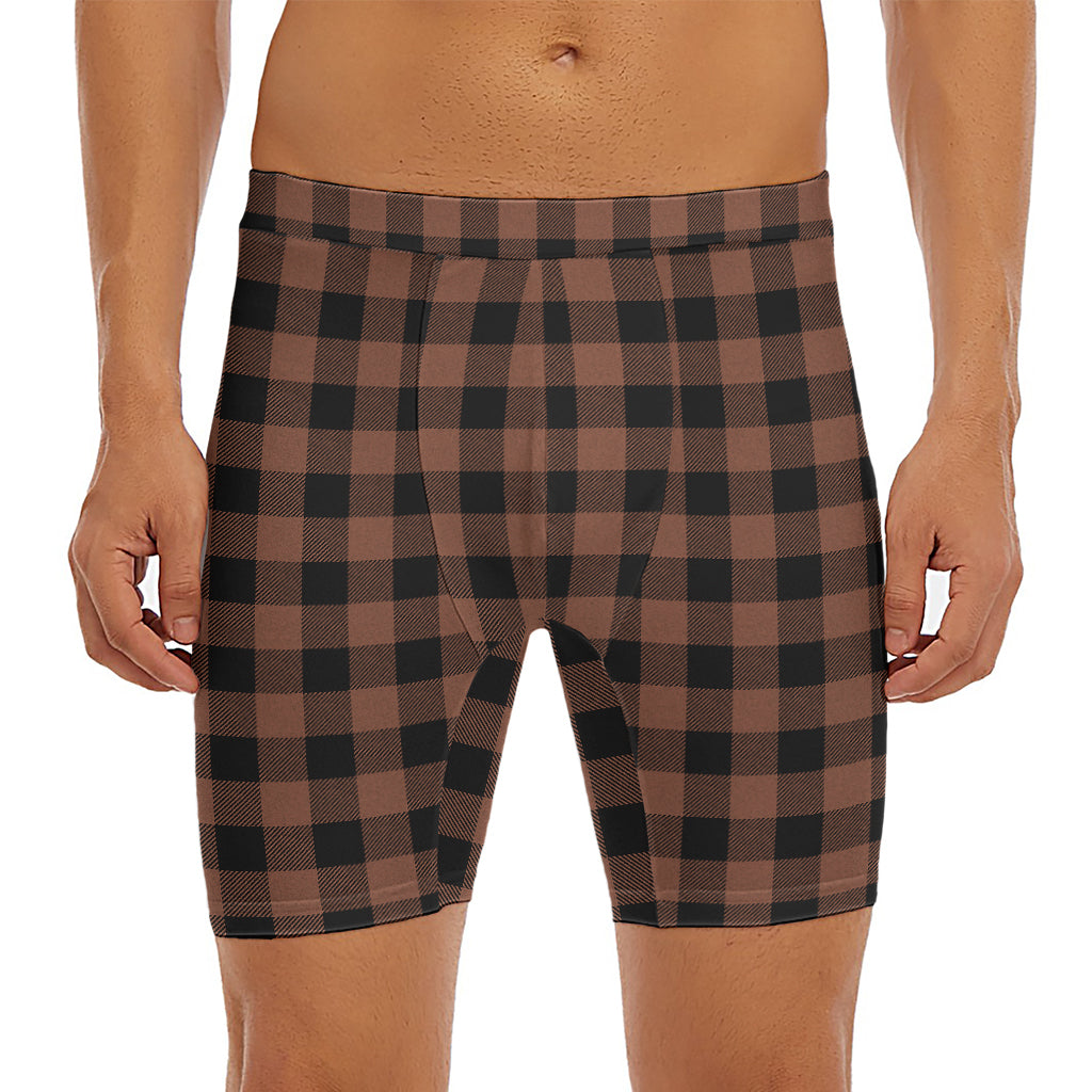 Brown And Black Buffalo Check Print Men's Long Boxer Briefs