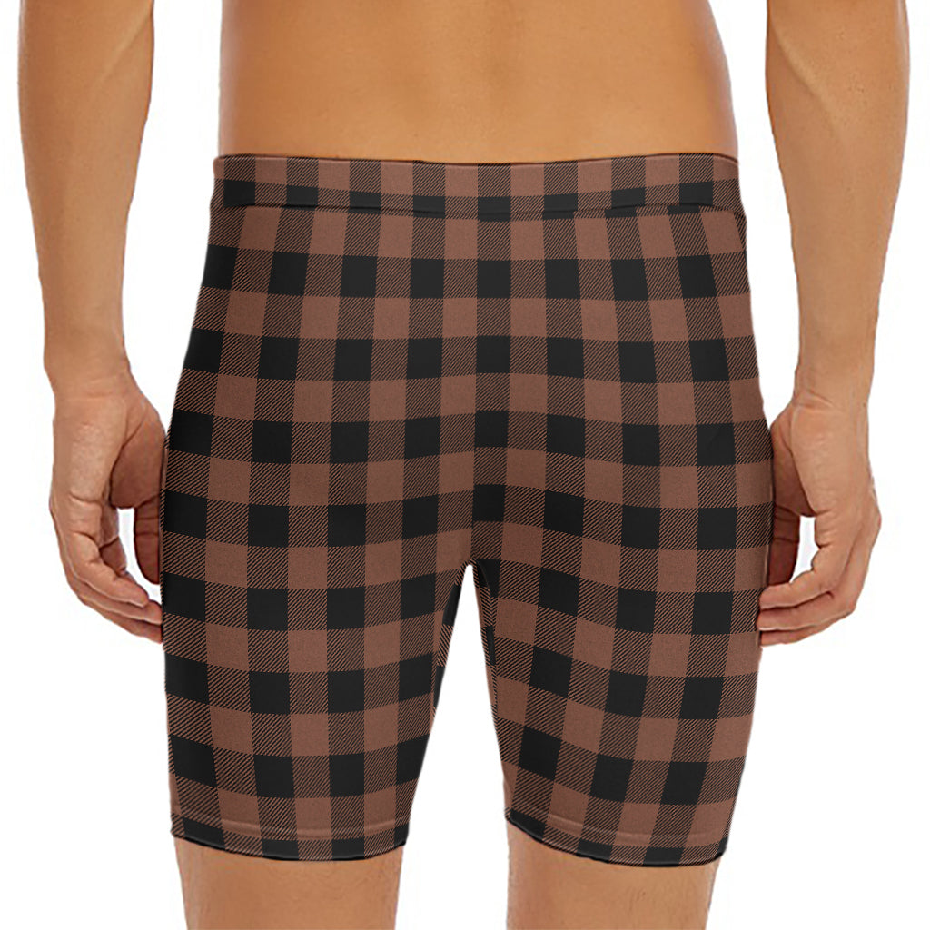 Brown And Black Buffalo Check Print Men's Long Boxer Briefs